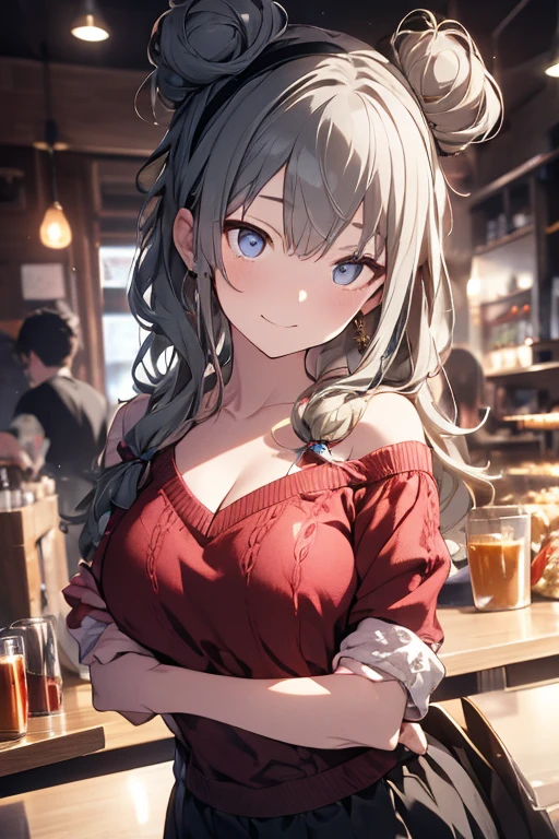 highest quality,cute、Confused face、Inside the cafe、Sitting、Perfect Fingers、Big Breasts、3✕3の目、black eye、Gray Hair、Angry