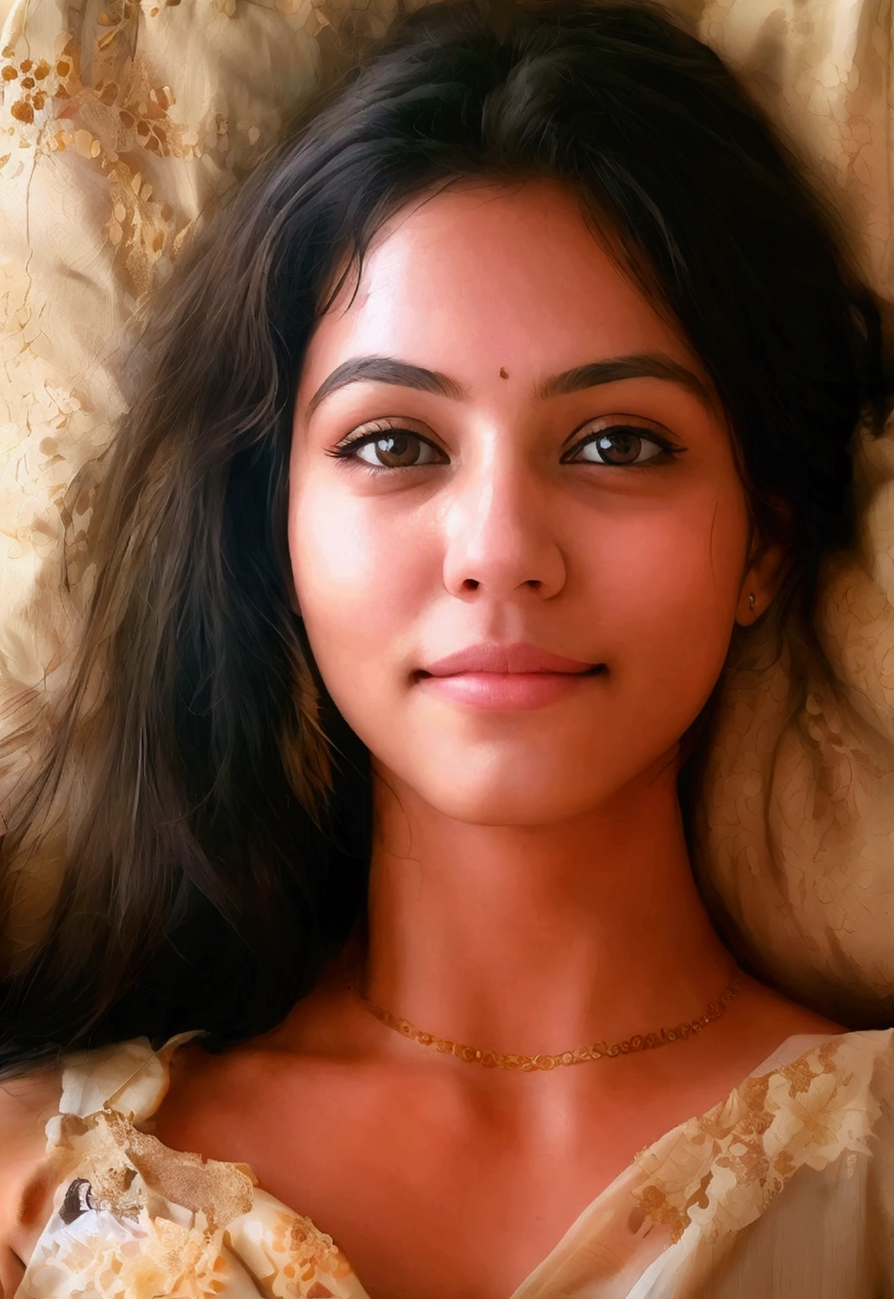 beautiful Indian, very young teenage girl, , fully nude, showing her beautiful naked body,lean facecut, black extra long hair, sexy gaze,light bronze skin dark strokes, exact looks like , light bronze skin, smirking deviously, long eyelashes, deep dimples on cheeks, cute smile, innocent face, blushing , atmospheric perspective, Renaissance, 8k, super detail, accurate, best quality, high details, high quality, best quality, blushing expression, biting lips, wearing nothing, undressed, fully naked, puffy round nipples, shaved vagins, medium , ultra-wide shot, lying down straight, legs spread, intimately on her royal bed touching herself, in Royal looking bedroom, beautifully styled hair, spreading her legs