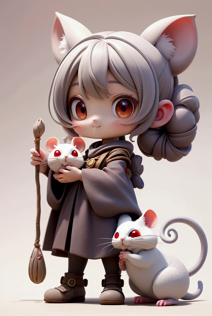 (Best Quality、masterpiece、High resolution)、Clay Art、Clay animation、4K Anime Art、Extremely detailed clay art、Girl's Adventures、Round face、Thin arms and legs、Realistic design、Very cute face、Bun Hair、Adventurer&#39;s outfit、Role-playing games、Wizard Girl、holding a long stick、A rat companion by his side、Realistic designのネズミ、Cute white mouse、Red eyed rat