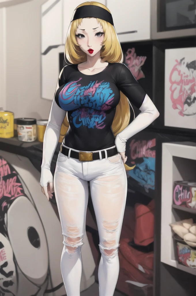 chihayap5, very long hair, blonde hair, headband, 1girl, solo, standing, black t-shirt, white shirt, blue jeans, belt, lipstick, large breasts