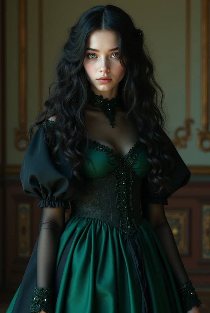 A vampire A woman with long hair and green eyes dressed in a dark green dress 3D