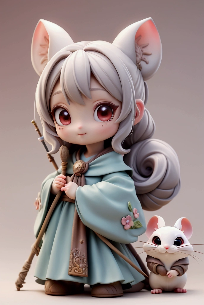 (Best Quality、masterpiece、High resolution)、Clay Art、Clay animation、4K Anime Art、Extremely detailed clay art、Girl's Adventures、Round face、Thin arms and legs、Realistic design、Very cute face、Bun Hair、Adventurer&#39;s outfit、Role-playing games、Wizard Girl、holding a long stick、A rat companion by his side、Realistic designのネズミ、Cute white mouse、Red eyed rat