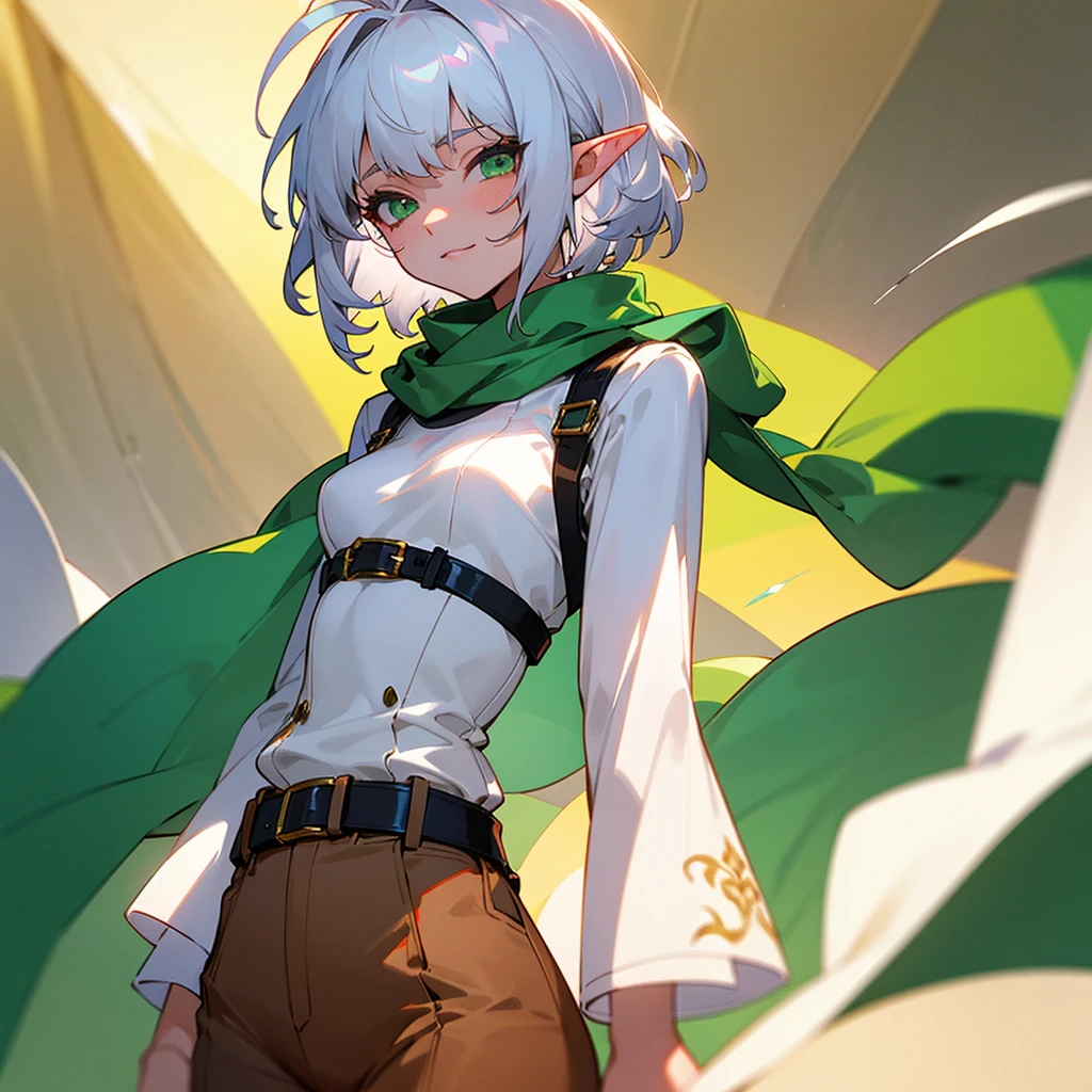 elf, female, silver hair,short hair, medium cut, ahoge, curly hair, green eyes,slender, (best quality, masterpiece, 16k, ultra detailed, beautiful skin, professional lighting)
A girl, small breasts, fair skin, cool mild Smile, shirt, white far coat, brown pants, green scarf,  belt, harness, annoyance, fantasy