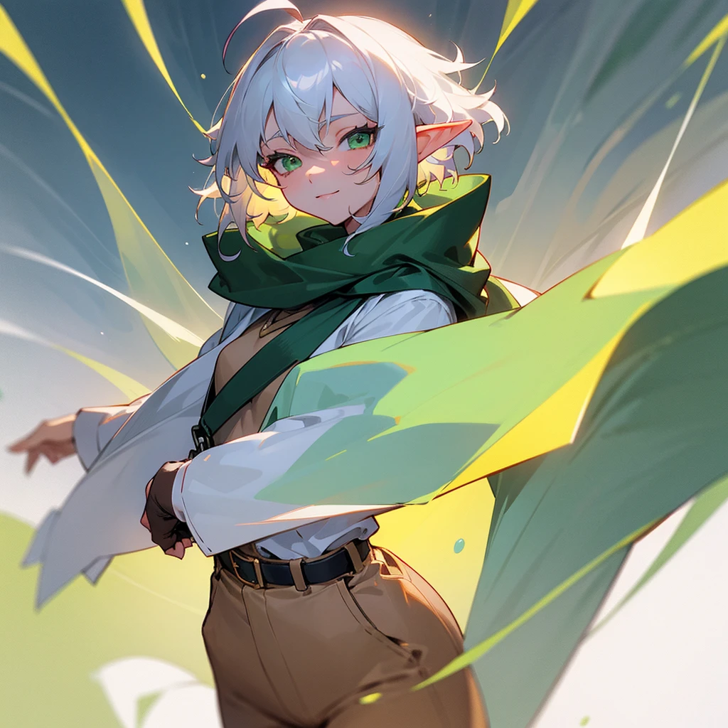 elf, female, silver hair,short hair, medium cut, ahoge, curly hair, green eyes,slender, (best quality, masterpiece, 16k, ultra detailed, beautiful skin, professional lighting)
A girl, small breasts, fair skin, cool mild Smile, shirt, white far coat, brown pants, green scarf,  belt, suspender, annoyance, fantasy