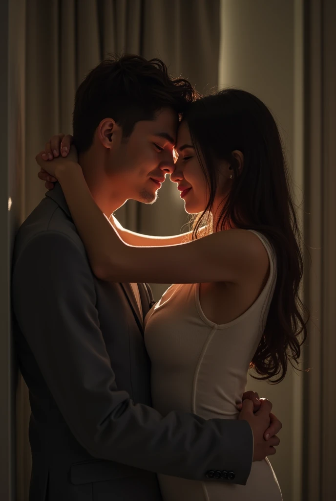 A portrait of a stunning woman as pale and radiant as the moon in the arms of a man, romance at night, passionate couple