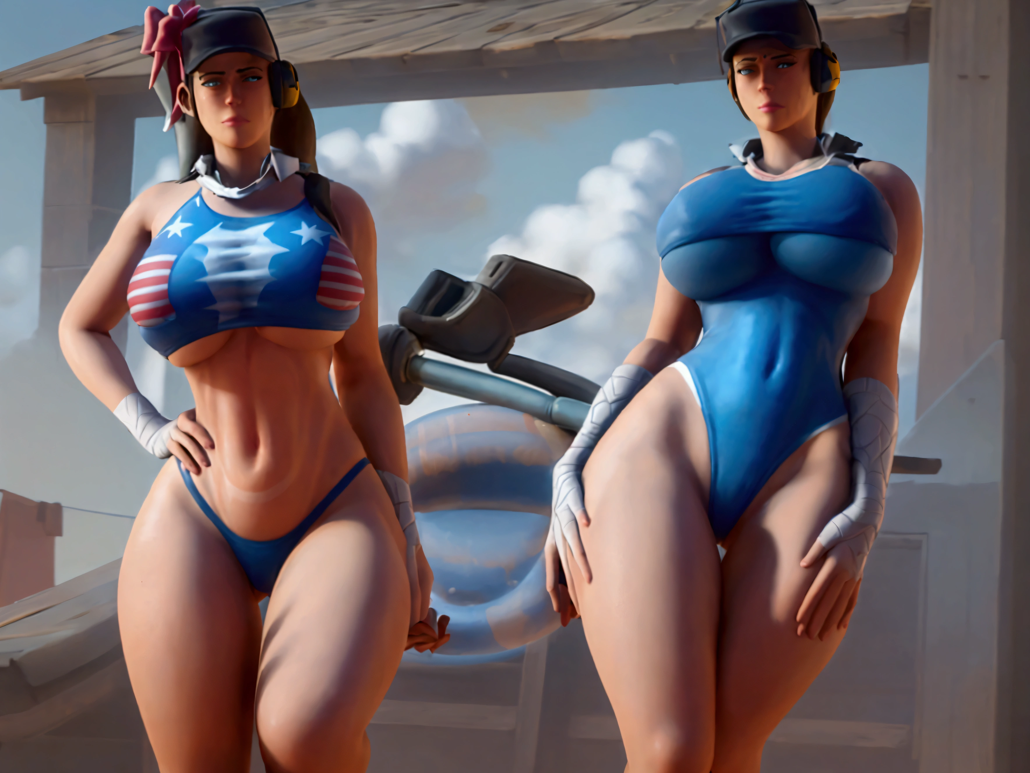 a busty Femscout from Team Fortress 2 with her hand on her hip, holding a metal bat, (wearing an american flag print bikini), (blue stars bikini bottoms), (swimsuit:1.4), (fingers), (hands), (arm), (hand on hip), toned stomach, wide hips, shapely, beautiful, full-figured, a big booty and ass, huge bosom, (giant boobies), and thick thighs, sexy, voluptuous, (1girl), sweating, hot, clear background, wood panel, high detail, masterpiece