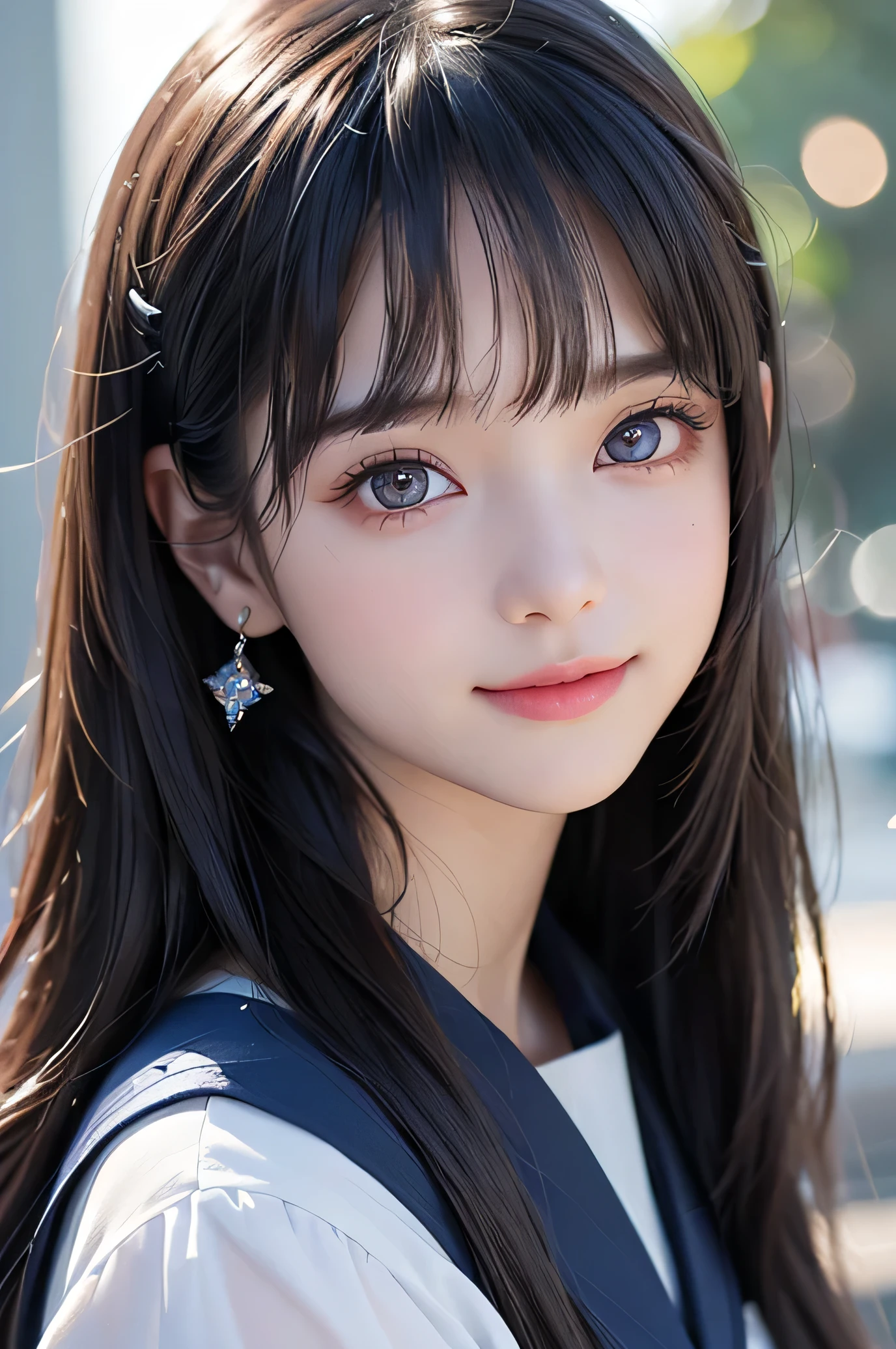 (Very beautiful  cute girl), (very  cute face:1.2),9 yo, (*********),(sparking crystal clear attractive large eyes:1.2), Beautiful detailed eyes, Detailed double eyelids, (smiling), (realistic photograph:1.1), long straight hair,(dark blue sailor high-school uniform:1.1),professional close-up portrait ,long see-through bangs