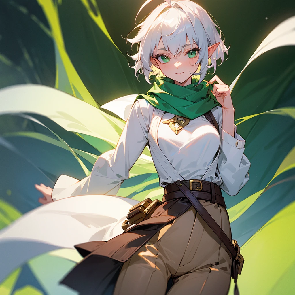 elf, female, silver hair,short hair, medium cut, ahoge, curly hair, green eyes,slender, (best quality, masterpiece, 16k, ultra detailed, beautiful skin, professional lighting)
A girl, small breasts, fair skin, cross-dressing, cool mild Smile, shirt, white far coat, brown pants, green scarf,  belt, suspender, annoyance, fantasy