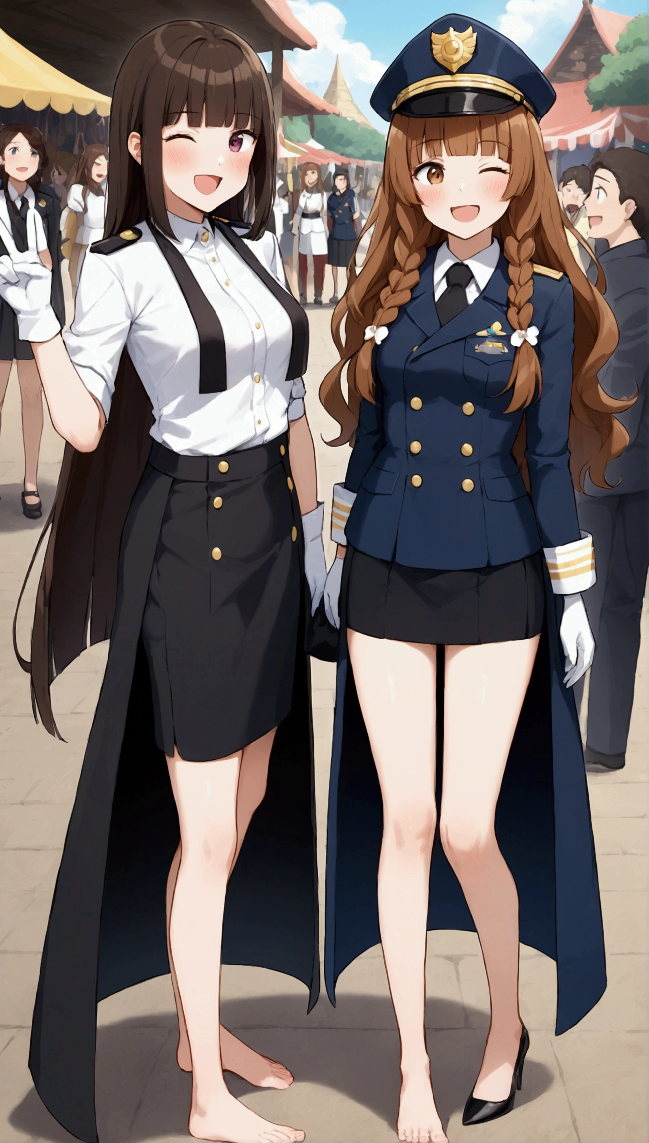 ((masterpiece, highest quality, 8k, High resolution:1.2)), white and blue skirt suit, High leg, Hazel Eyes, white and blue blazer, tie, (Big Breasts:0.8), white and blue pencil skirt, white thigh high heel boots, (Curly Hair, Long Hair, One brown-haired sister, One blonde sister, one red-haired sister), (Three Girls, trio, triplets, clone), ((Matching hairstyle, Different hair colors, Matching Faces, Matching outfits)), whole body, Same pose