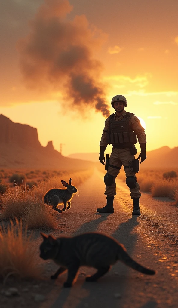 a man aa dog from behind in a (((post apocalyptic))), paisagem, vale, (landscape of destruction), 8k, ((Wrecked City)), foto realista, breath-taking, sharp lens, fotografia profissional, lente 70mm, detalhe amor, boa qualidade, papel de parede, altamente detalhado, 8k, luz suave, foto realista, sharpened details, ((luz do nascer do sol)), obra-prima, (o retrato mais bonito do mundo: 1,5