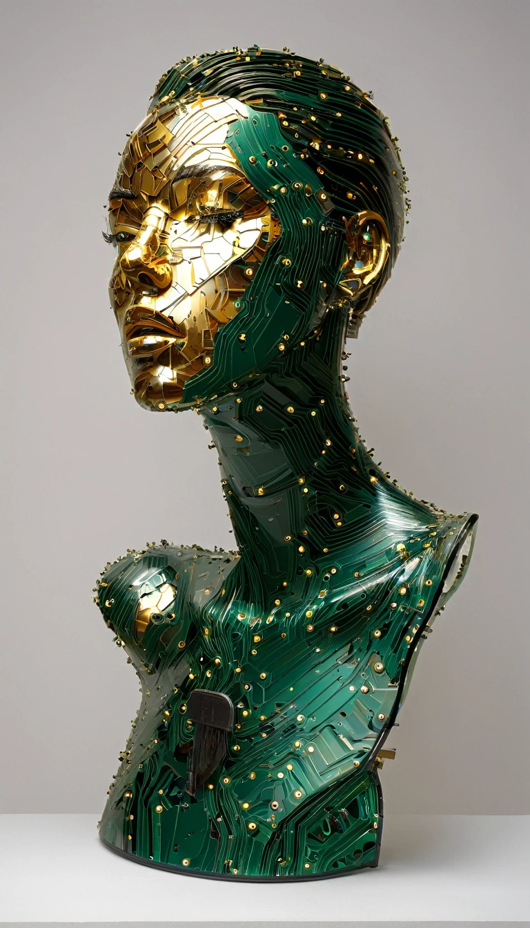 Intricate painting of an exploded female bust made from circuit boards, Winner of the Behance competition, vanity, angle, clockpunk knollingcase in glass display case, gold medal_flash  