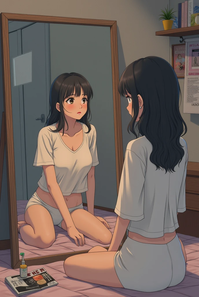 superflat, flat shading, flat colors, masterpiece, best quality, 30_year_old mother and 12_year_old daughter petite , white lingerie, naked bottom, bottomless, (no panties), from behind, standing in bedroom, shy, blush, changing clothes, best shadows, watercolor,