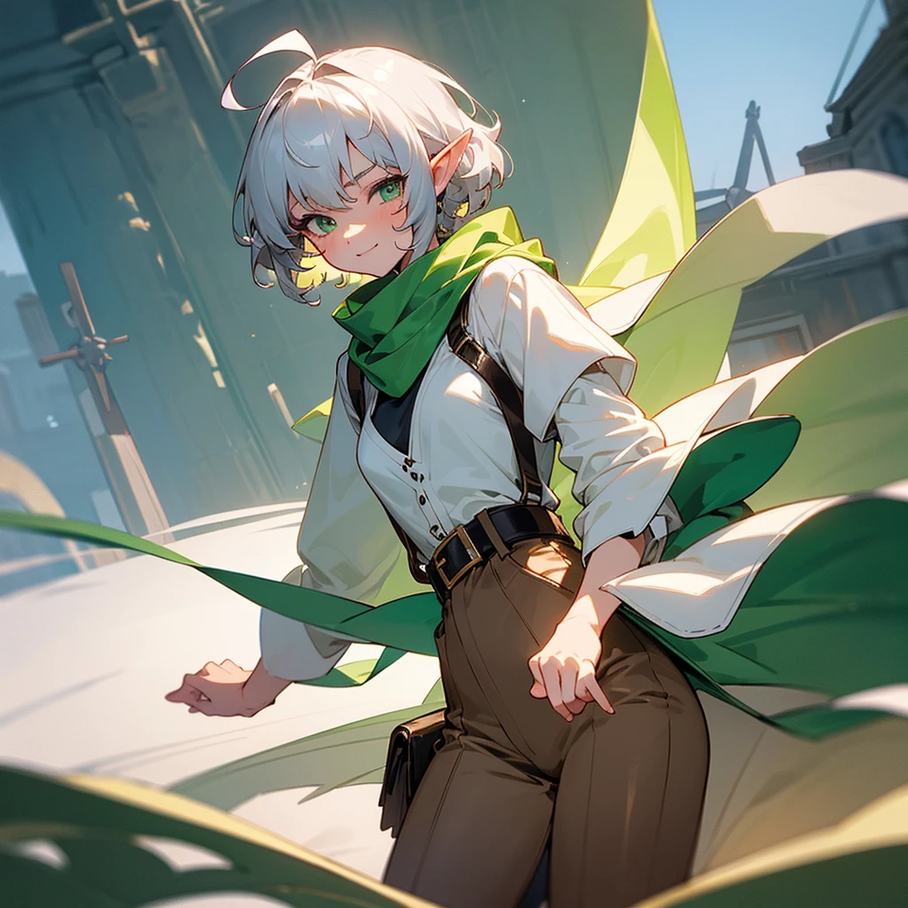 elf, female, silver hair,short hair, medium cut, ahoge, curly hair, green eyes,slender, (best quality, masterpiece, 16k, ultra detailed, beautiful skin, professional lighting)
A girl, small breasts, fair skin, cross-dressing, cool mild Smile, shirt, white far coat, brown pants, green scarf,  belt, suspender, annoyance, fantasy, windmill