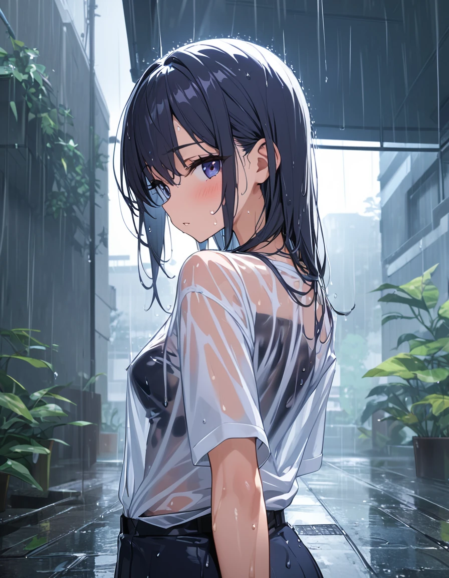 ((masterpiece,Highest quality;1.3,Best illustrations)), ((get wet:1.5)), (Raise your arms, Please show me your armpits:1.3), (Beautiful breasts, Large Breasts), Cowboy Shot,1 Girl、10-year-old girl、alone,((very small head:1.5)),Black Hair, Bobcut, Open forehead, short hair, Brown eyes,Gorgeous eyes,blush,((Very long body:1.3)),((Toned body,Slender body,skinny)),Glowing Skin,Shiny skin,Oily skin,(Soaked in the rain、camisole、Micro Shorts)、Carrying a black backpack、heavy rain、rain、on the road,Tokyo,