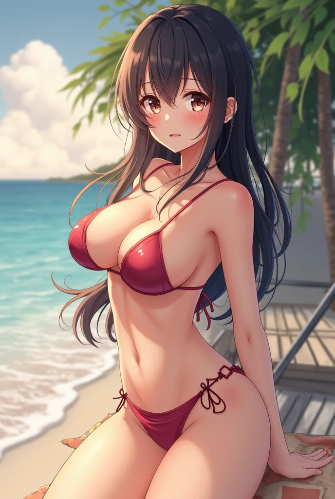 masterpiece, best quality, highres, chi1, 1girl, one_side_up, solo, bikini, navel, pink bikini, collarbone, side-tie bikini bottom, large breasts, bangs, cleavage,  beach, reaching out, smile, open mouth, wet, ocean,big breasts, medium waist, wide hips, medium thighs, long hair, brown hair, brown eyes, four-fingers and one-thum, ((Top Quality, 16k, Masterpiece: 1.3)), inoue takina, -yeld As woman, Beautiful woman with perfect figure: 1.3, (((Black hair)), ((Beautiful breasts: 1.3)), (Shower, cloudy water)), (Transparent underwear and bristles)))), (Bathroom)), ((Pause)), ((Sensual)), ((Squatting, spread your legs)), (Drenched breasts)), (Drenched body)))), (( (soaked pubic hair))), transparent underwear that bites, streaks, hair that covers the beautiful pubic area, mizuhara chizuru, Camel toe, protruding pubic hair, pubic area,  Naked, Exposed skin, (Wet skin:1.5), (arms behind head, armpits), BREAK (sea:1.2), beach, (solar:1.2), morning, BREAK looking at viewer, (cowboy shot:1.3), BREAK (masterpiece:1.2), best quality, high resolution, unity 8k wallpaper, (illustration:0.8), (beautiful detailed eyes:1.6), extremely detailed face, perfect lighting, extremely detailed CG, (perfect hands, perfect anatomy), long hair , smile, nipples are exposed, very thin model, anorexic, kneeling in front of the sea,, thin skinny legs, thin waist, massive breasts, bimbo breasts, A light blue bow tied on the chest，pastel blue dress，piles of sleeves，white stockings，White leg rings，Show a small piece of thigh,  Best quality, high resolution, Unity 8k wallpaper, (illustration:0.8), (Beautiful detailed eyes:1.6), Extremely detailed face, Perfect lighting, Extremely detailed CG, (Perfect hands, Perfect anatomy),BREAK , A teenage girl，adolable, Bob hair
