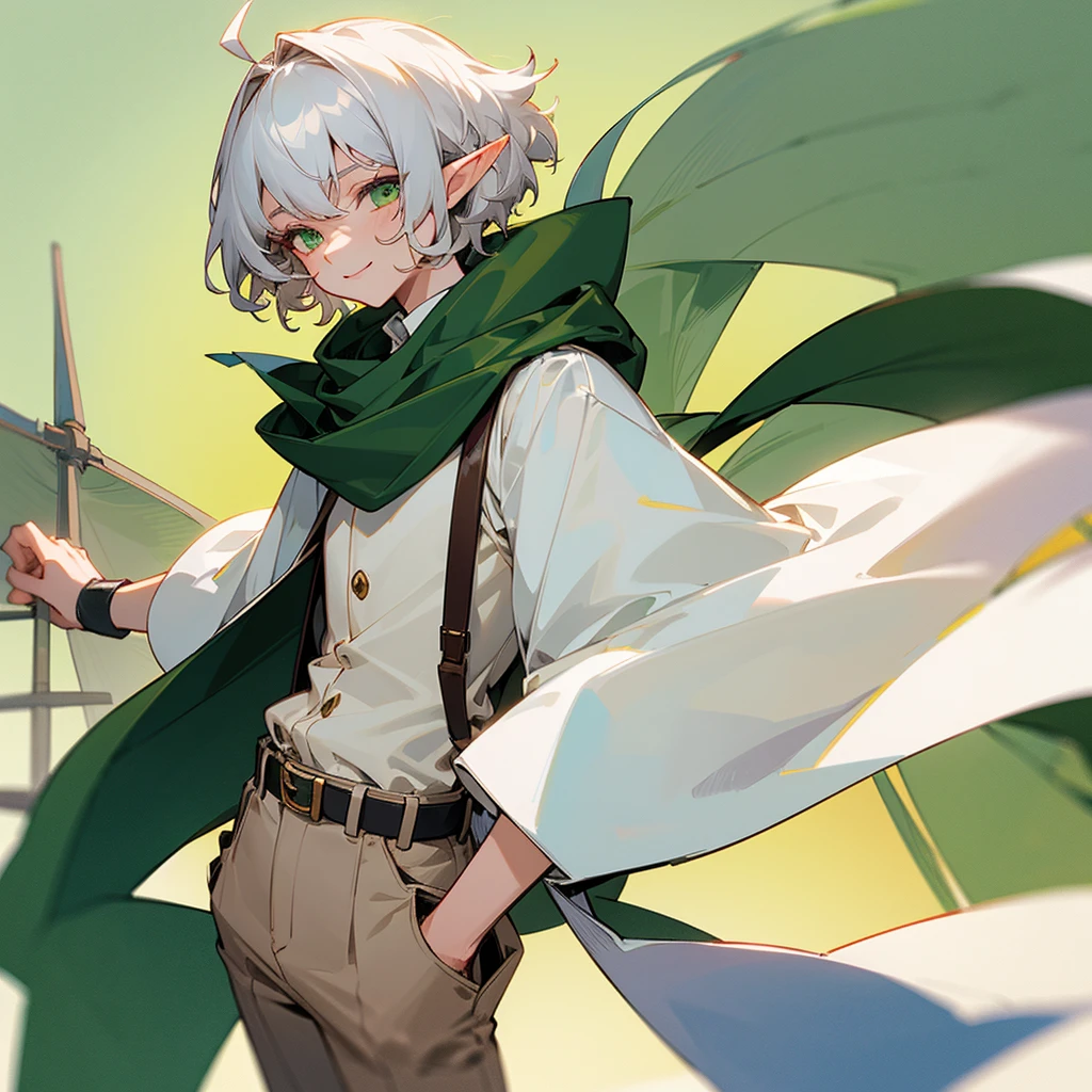 elf,  silver hair,short hair, medium cut, ahoge, curly hair, green eyes,slender, fair skin, cross-dressing, cool mild Smile, shirt, white far coat, brown pants, green scarf,  belt, suspender, annoyance, fantasy, windmill