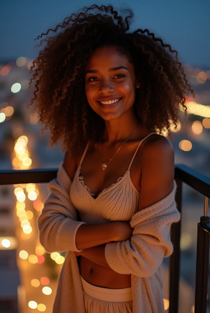 ((best quality)), ((masterpiece)), (detailed), (18 years old), innocent, , babyface, looks like nathalie emmanuel, tan colored skin, completely nude, extremely beautiful, black curly hair , extremely beautiful, wide shot, exposed big breasts, in a penthouse with a view of the city, at night, open mouth smile, voluptuous, spread eagle