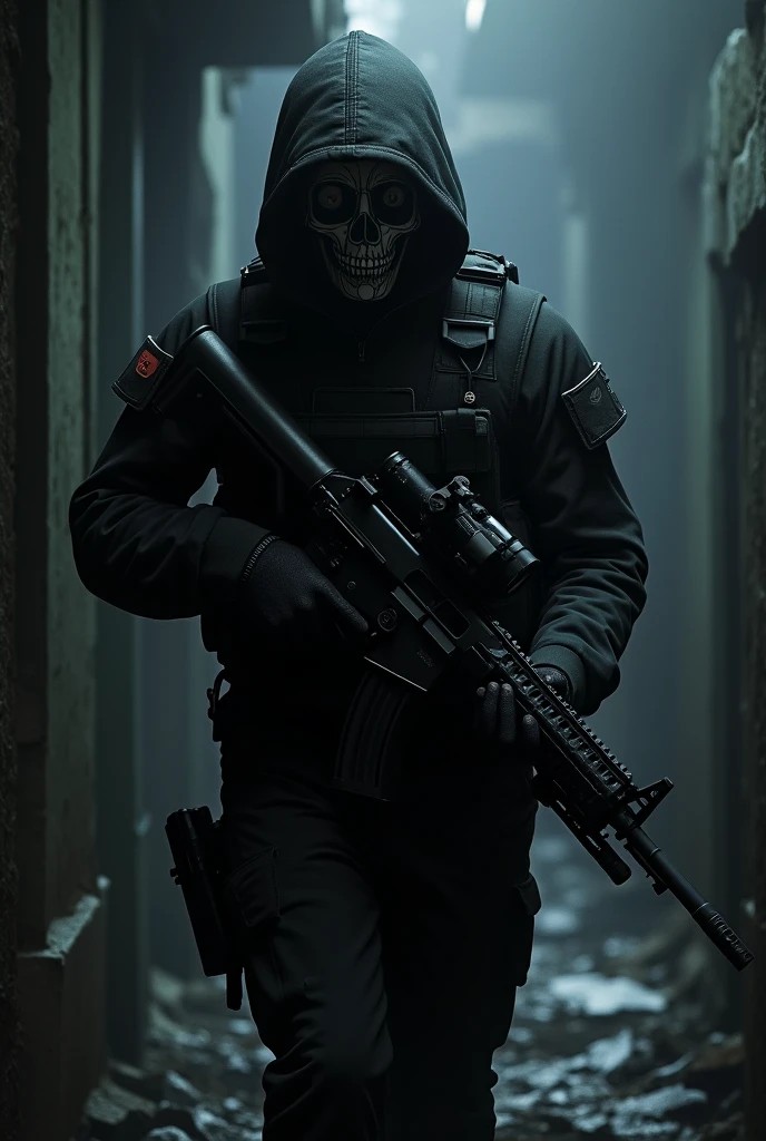 Um Policial com o rosto super detalhado de caveira sinistra, com os olhos super detalhados e sinistros, com um sorriso super detalhado e sinistro，With two daggers in his hands，Special Forces style, estilo assassino, Com um rifre de assalt fusil nas costas, facing a super detailed penitentiary and catching fire, sinister and burning penitentiary, Penitentiary door similar to Hell's Gate, arte de splash do personagem，A arte do assassinato，Credo dos Assassinos. Make sure there is no noise and that the lines are thick and sharp like contour art, (((pose interagindo e se apoiando [em uma objeto|em algo no ambiente]))), foco em um quadro vertical da imagem."((full body):1.5). 16k, UHD, best possible quality, ((best possible detail):1), best possible resolution, Unreal Engine 5, professional photography, perfect_hands, (perfeito:1.2)