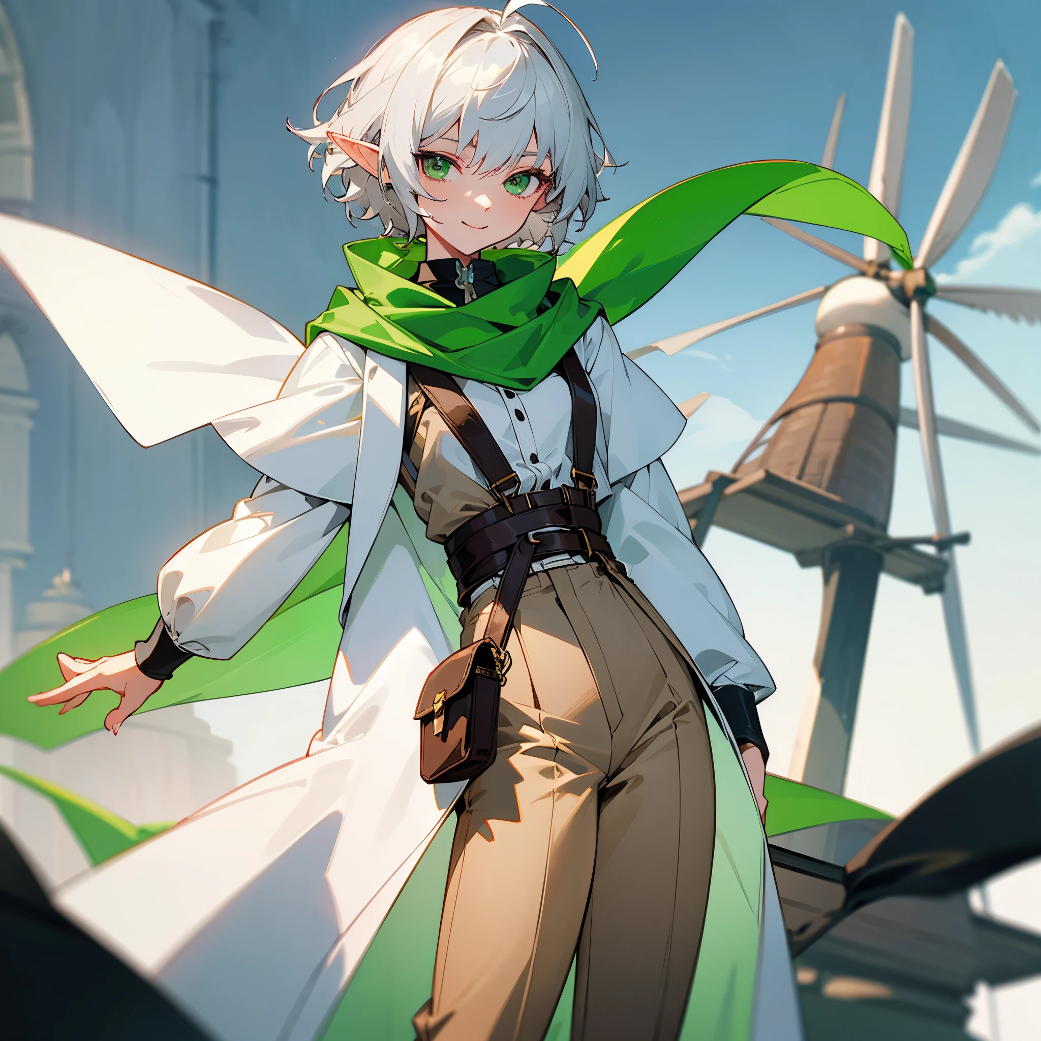 elf,  silver hair,short hair, medium cut, ahoge, curly hair, green eyes,slender, fair skin, cross-dressing, cool mild Smile, shirt, white far coat, brown pants, green scarf,  belt, suspender, waist bag, annoyance, fantasy, windmill