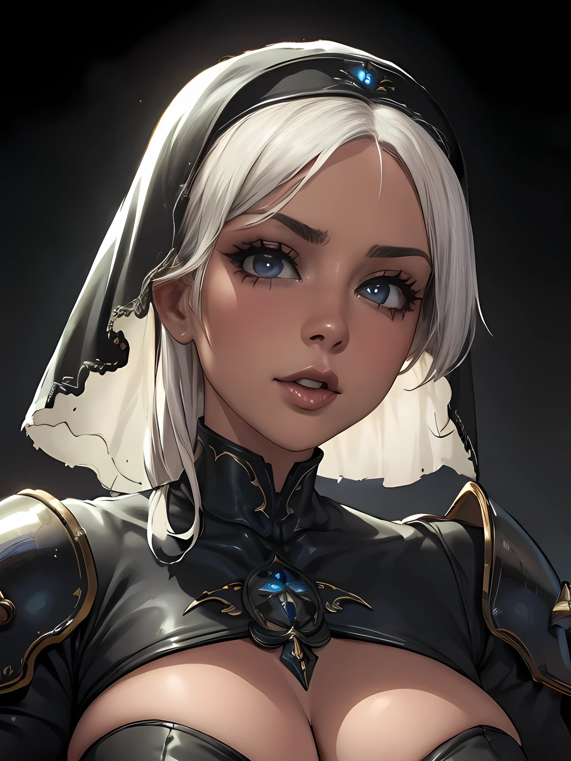 a warrior nun, detailed face, beautiful detailed eyes, beautiful detailed lips, extremely detailed eyes and face, long eyelashes, detailed headdress, detailed armor, dramatic lighting, cinematic composition, epic scale, dramatic pose, complex background, intricate details, fantasy, dark and moody color palette, chiaroscuro lighting, digital painting, octane render, unreal engine, cinematic quality, highly detailed, 8k, best quality, masterpiece