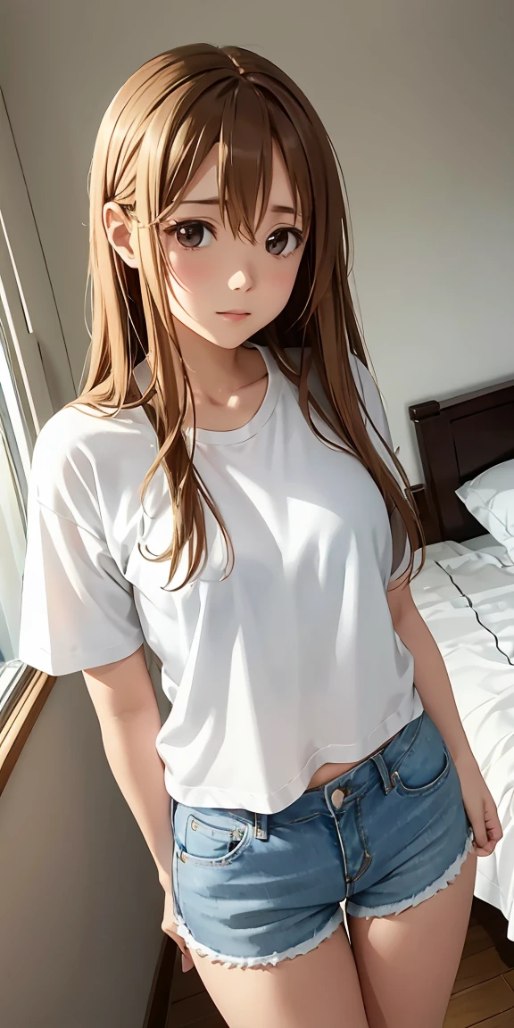 the real thing、1人、ligh brown hair、Longhaire、Twin-tailed、Bewitching face、Green eyes、Infant body shape、((white t-shirts:1.5)), Breasts with visible nipples, Slim waist))、a wet body、cowboy shot、Forward-facing、Shiny body、pee、Looking at the camera、((genitals are visible))、((Shooting from above))、masterpiece、top-quality