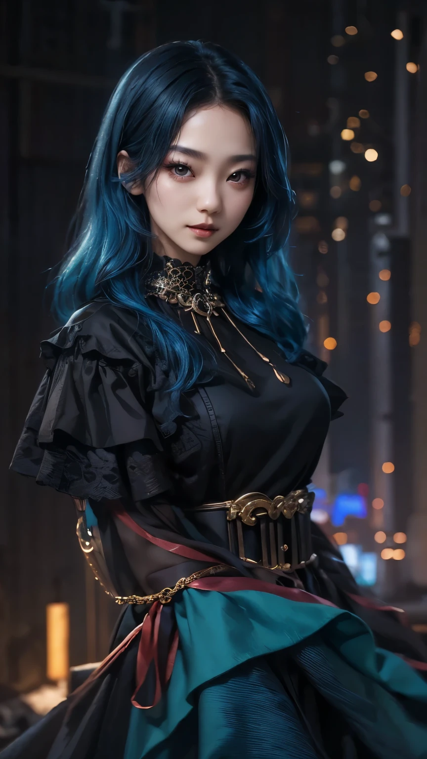 (best quality,8K,masterpiece :1.2), Karina, Asian woman in her 20s,  goth style, heavy makeup, black lips, Deep dark red eyeliner, dark background, night, Inside the abandoned church, blue hair, A gentle smile, black dress,