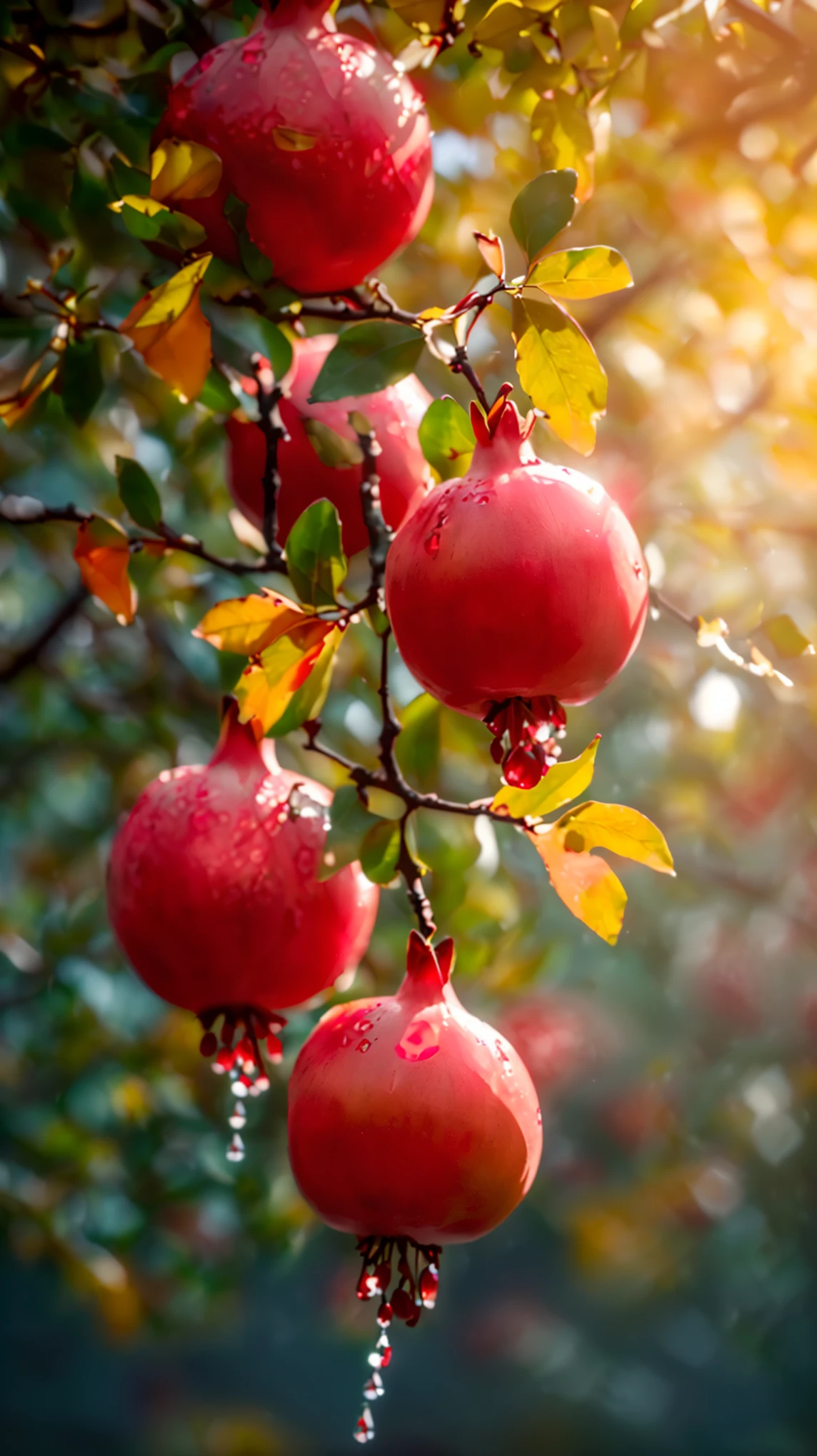 there are some red pomegranates hanging from a tree, pomegranates, pomegranade, pomegranate, berries dripping, fruit trees, beautiful nature, beautiful composition, beautiful image, beautiful wallpaper, wallpaper - 1 0 2 4, very beautiful photo, autumn season, gems and diamond for fruit, professional fruit photography, charming, beautiful view, with fruit trees, best quality, amazing quality