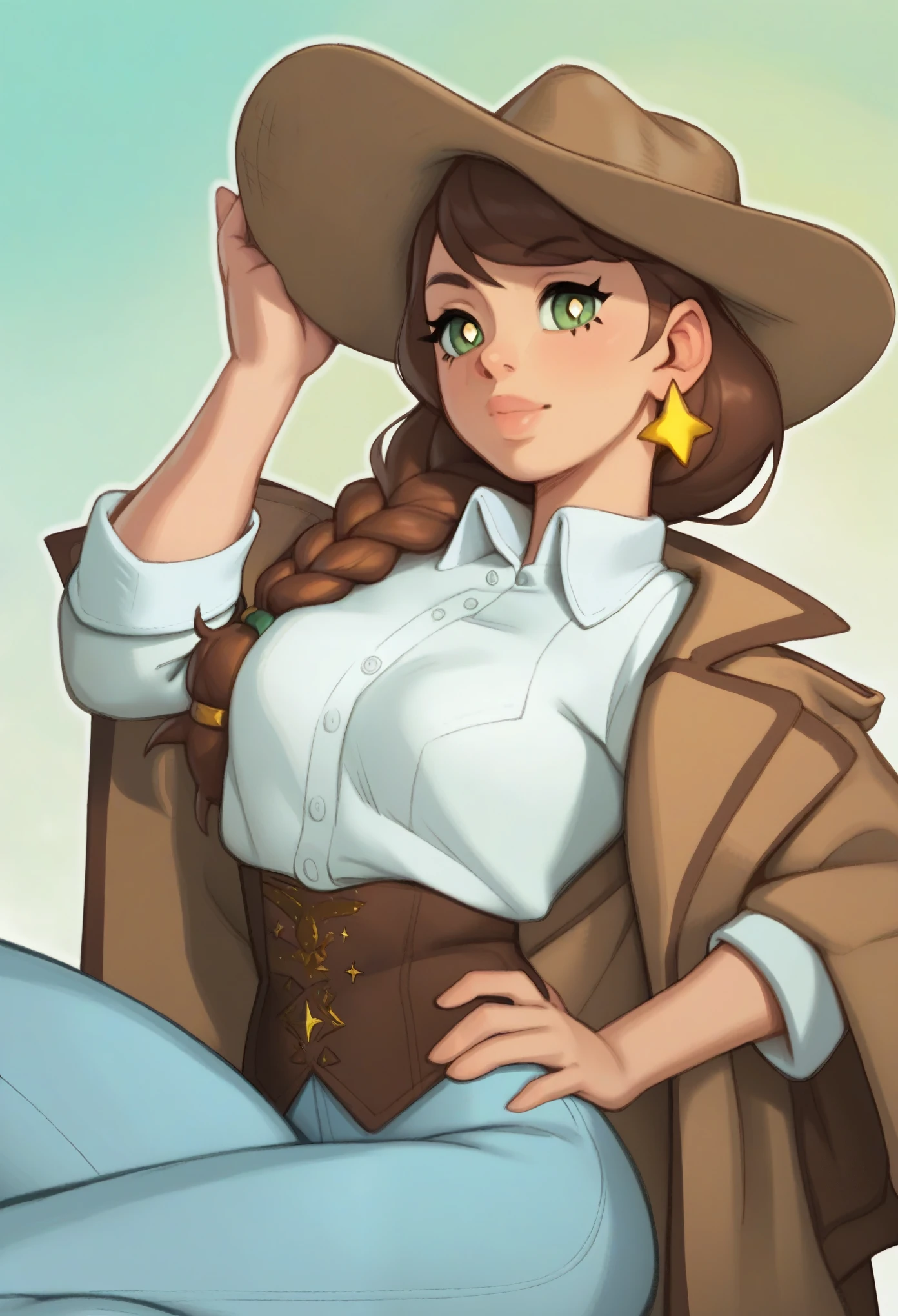 score_9, score_8_up, score_7_up, score_6_up, score_5_up, score_4_up, r1s0,1girl, brown hair in braid over shoulder, green eyes, star shaped white pupils, brown fedora, brown waist coat and white shirt, light blue pants, cowboy boots, blue earrings, tipping hat, one hand on hip, swept bangs, warm shadows, realistic anatomy
