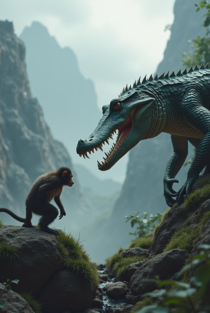 A crocodile hunting a monkey