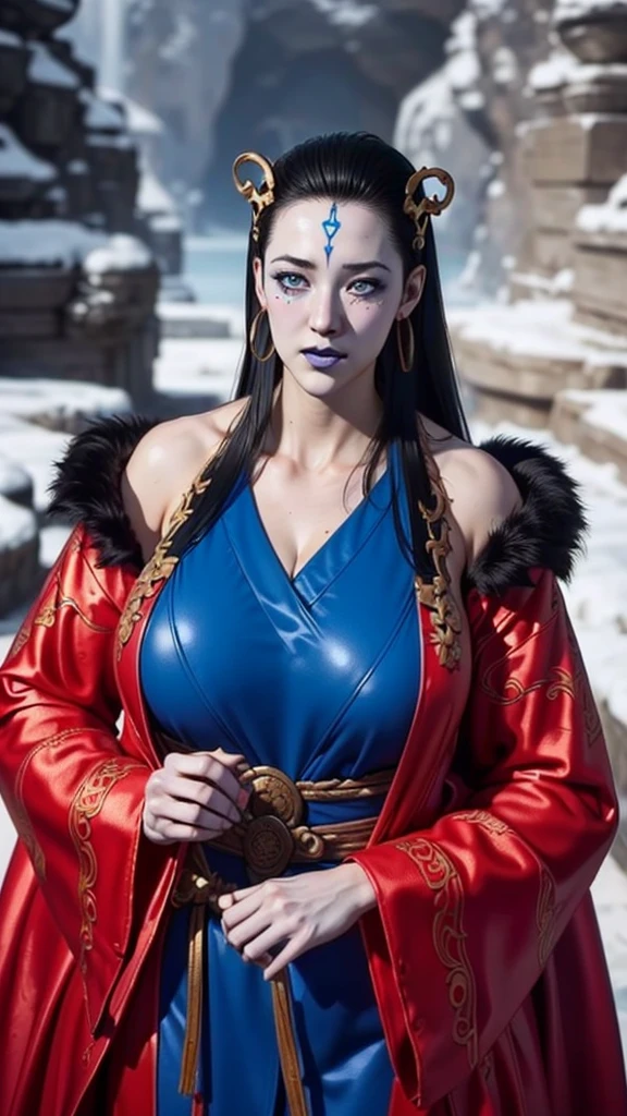 (（（Perfect body,White and tender skin,（（（Wearing a blue and red robe）））,(（（Black Myth: Wukong - Kang Jinlong，forehead mark，Blue marks on the forehead, rings on both ears,））),((masterpiece)),highres,((Best quality at best)),masterpiece,quality,Best quality,(（（ Exquisite facial features,Looking at the audience,There is light in the eyes, ）））,Huge breasts，Dynamic poses，，）））