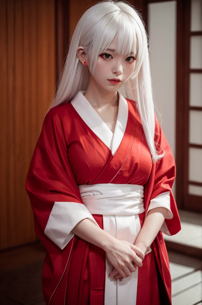 sfw, 1girl, standing, from front, front, cowboy_shot, inside japanese house, glowing red eyes, , face focused, ((white_hair)), kaguya, third eye, pale skin, horns, sharp_fingernails, forehead mark