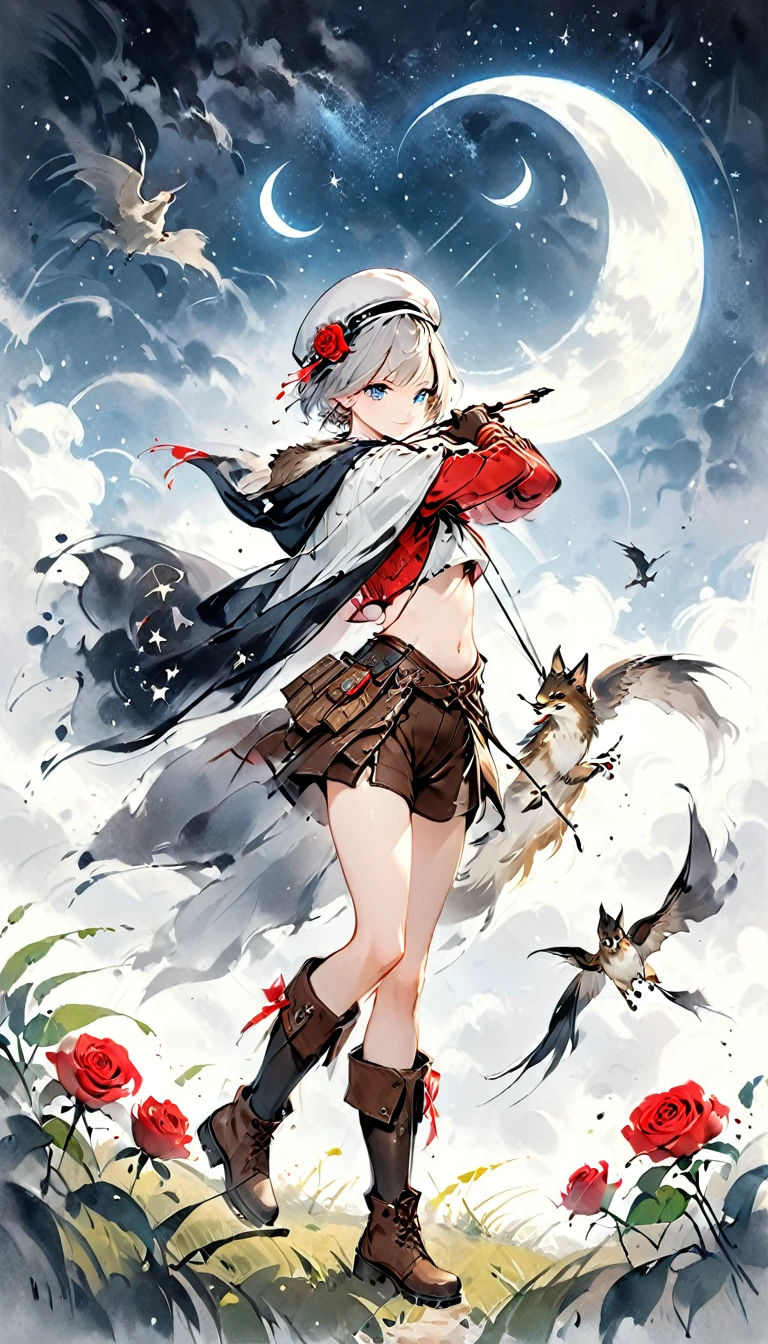 ((Best Quality)), ((Famous Paintings)), (detailed),One Girl,2,Silver Hair,Red Mesh,Short Hair,Partial bangs,blue eyes,Short white hooded cape,Bikini pale yellow short tube top,Belly button,Brown long sleeve,Gloves connected to sleeves,Black spats,Brown shorts,Half Boots,Brown knee-high socks,White newsboy cap with roses,Aim with a bow,Starry Sky,Crescent moon pattern,grassland,Big Falcon,Big Wolf
