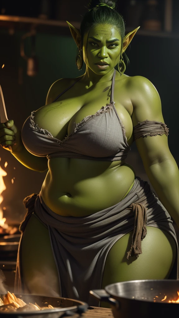 Young orc woman, female orc, chubby, fearsome, (cooking food on fire), overweight, dirty hair, ((green skin)), skin imperfections, skin dentation, detailed eyes, big saggy breasts, wide hips, round belly, sharp Focus, ultra high quality, voluptuous, crazy details, intricate pose, (wearing linen dress), tribal tattoos, dirty clothes and skin, deep cleavage, 8k uhd wallpaper, masterpiece, photography, hyperrealistic, interesting shooting angle, orczor, shewoworc, naz_grandmight