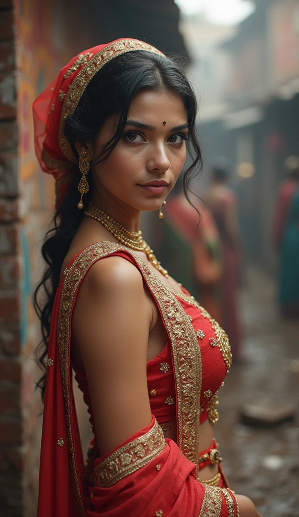 masterpiece, ultra detailed, hindi beautiful woman, india, wearing traditional hindi attire, wearing sari, long hair, windy, wearing, (night:1.2), detailed shadow, detailed face textures , Indian city background, Canon 5D, 50mm lens, F/4 aperture, (super detail, intricate detail), sharp focus, soft colors, 8k, absurdity, 8mm film grain, war photography, extremely beautiful, Big Breast