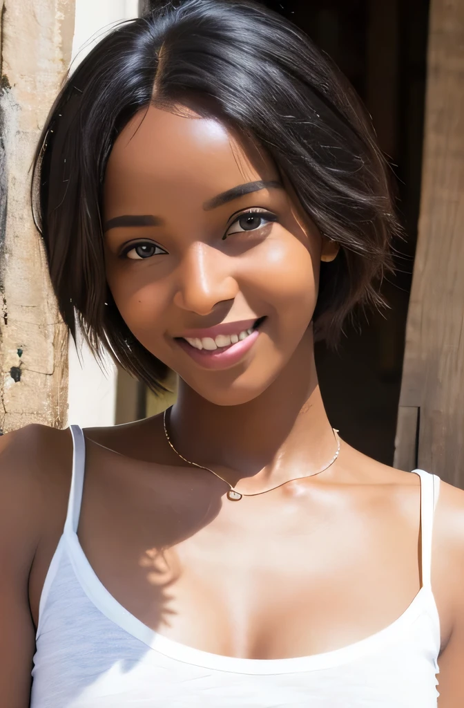 A very realistic 3d bust portrait in a light green blouse of a very beautiful 24 year old black girl with a fine face, look with a soft happy smile and very attractive brown eyes, estilo de peinado muy corto y a la moda, cuerpo compleeto y escultural muy sensual