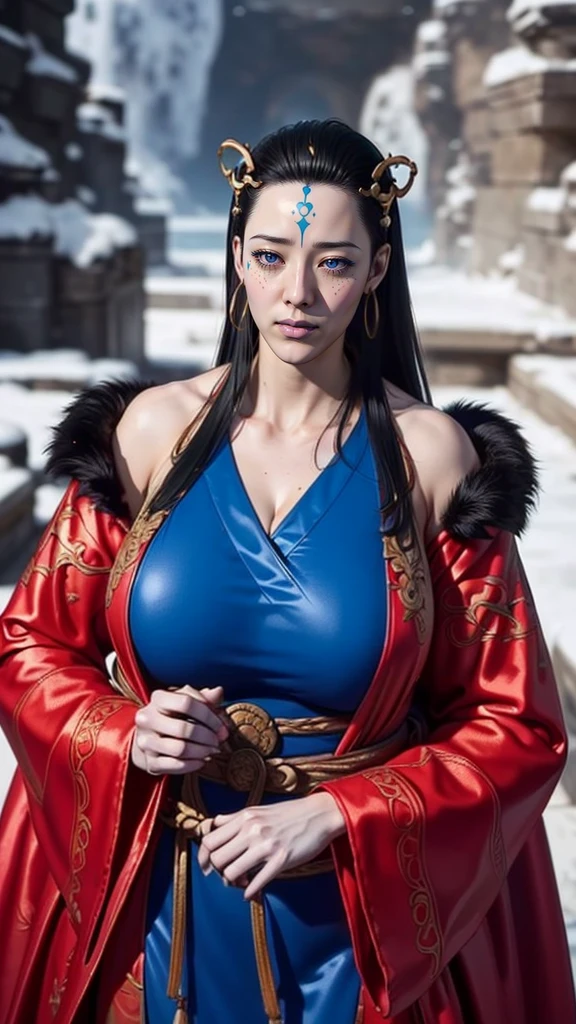 (（（Perfect body,White and tender skin,（（（Wearing a blue and red robe）））,(（（Black Myth: Wukong - Kang Jinlong，forehead mark，Blue marks on the forehead, rings on both ears,））),((masterpiece)),highres,((Best quality at best)),masterpiece,quality,Best quality,(（（ Exquisite facial features,Looking at the audience,There is light in the eyes, ）））,Huge breasts，Dynamic poses，，）））