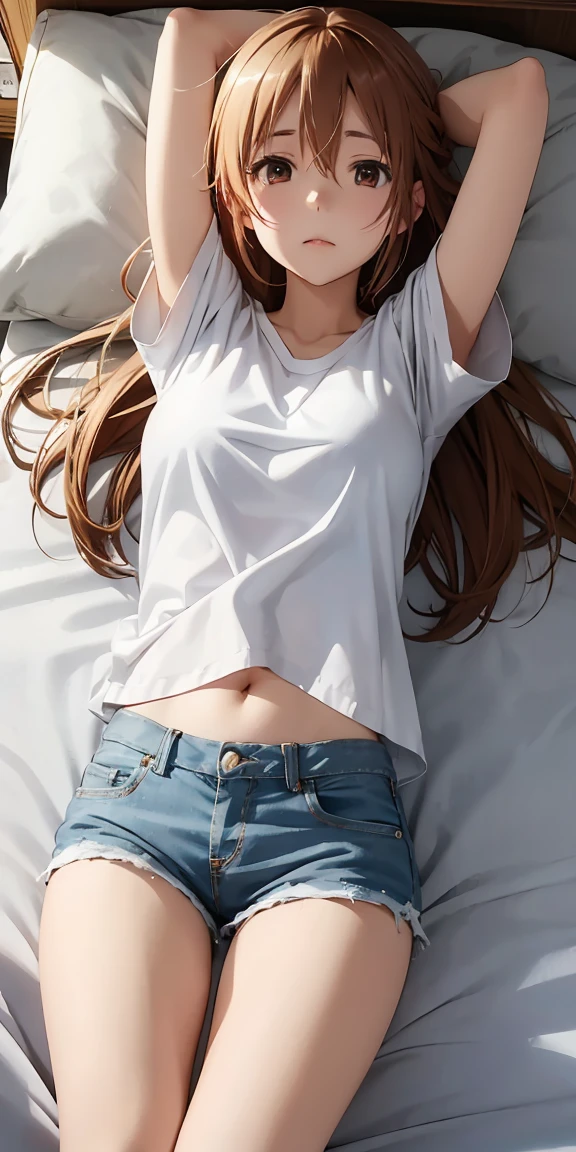 Yuuki Asuna、White shirt、Short denim pants、bedroom、No bra、Sleeping、Leg spread、On the bed