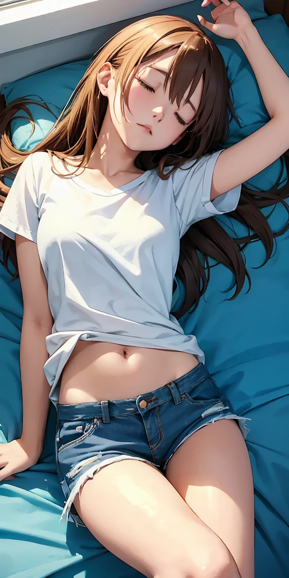 Yuuki Asuna、White shirt、Short denim pants、bedroom、No bra、Sleeping、Leg spread、On the bed