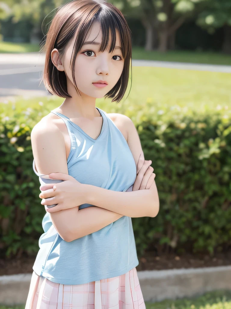 (top-quality、8K、32K、tmasterpiece、NFFSW:1.2)、Neat and clean schoolgirl、petite person、13 year old girl、Ponytail with black hair、blue collared shirt、Black checked miniskirt、white  panties、beauitful face、(Slim, small, flat, small)、delicate sexy collarbone、Detailed eyes、Cyan eyes、Double eyelids、outside of house、ventania、shiny skins、blurred back、