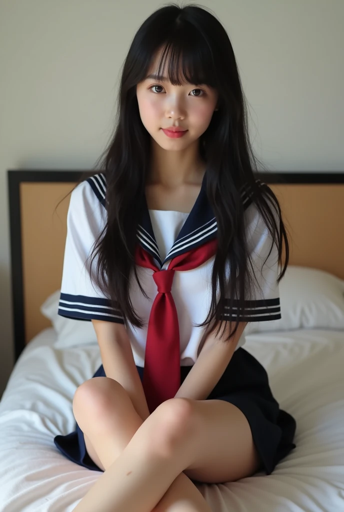 beautiful japanese girl、(clear eyes:1.3)、so beautiful 、A girl with a cute smile、Super cute face、 10 year old female model,(Super cute face with idol style:1.2), 8K、bangs、black haired、medium long hair、middle hair、straight hair、private beach、genitals are smooth、Realistic representation of genitals、Balanced and beautiful breasts、Beautiful style with slim and great full body details、sailor suit、I took a photo with a super mini pleated skirt.、high quality、masterpiece、super resolution、