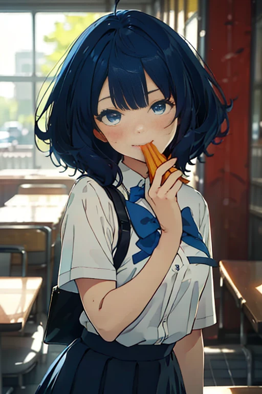 (((beautiful detailed)))(cute face:1.2)1girl, A girl stuffing her face with french fries, Girl crying while eating a pile of french fries, Inside a 2000s-style diner, 1950s-style interior, light Navy blue hair, blue eyes, A short-sleeved white shirt with four vertical bow ties, Ahoge, long bob cut with fluffy hair(sharp lines:1.2)(clear line:1.2)(eye details:1.3)(thick border:1.4) animation cel style,ligne claire, limited palette((masterpiece, high quality, best quality))(low contrast: 0.5),Anna yanami, blue hair, blue eyes, school uniform, makeine, too many losing heroines,Watercolor style, watercolor pencil, paper texture,90s style,Anna yanami, blue hair, blue eyes, school uniform, makeine, too many losing heroines,
