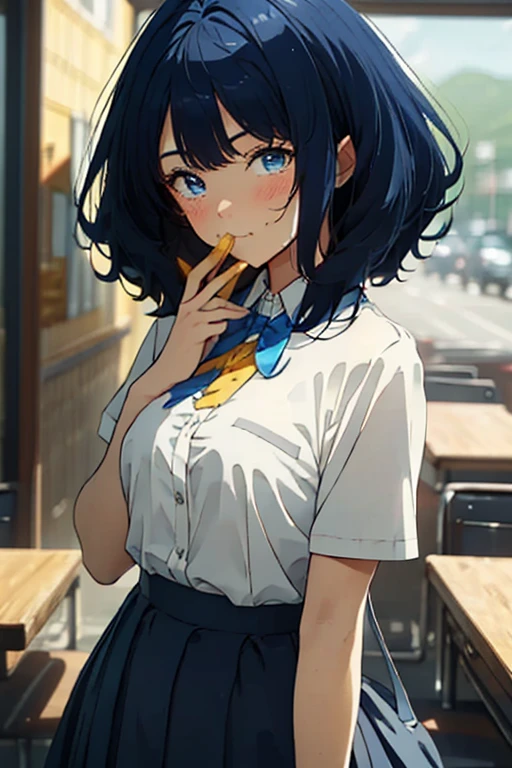 (((beautiful detailed)))(cute face:1.2)1girl, A girl stuffing her face with french fries, Girl crying while eating a pile of french fries, Inside a 2000s-style diner, 1950s-style interior, light Navy blue hair, blue eyes, A short-sleeved white shirt with four vertical bow ties, Ahoge, long bob cut with fluffy hair(sharp lines:1.2)(clear line:1.2)(eye details:1.3)(thick border:1.4) animation cel style,ligne claire, limited palette((masterpiece, high quality, best quality))(low contrast: 0.5),Anna yanami, blue hair, blue eyes, school uniform, makeine, too many losing heroines,Watercolor style, watercolor pencil, paper texture,90s style,Anna yanami, blue hair, blue eyes, school uniform, makeine, too many losing heroines,
