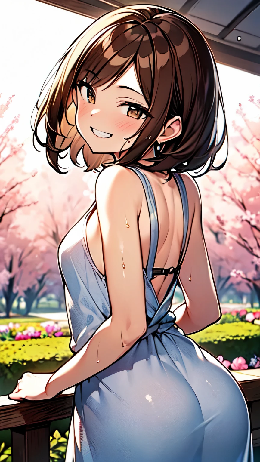 1People Girls、(Brown hair short cut)、Wet Hair、Beautiful brown hair、Keep your head small、Perfect Face、Shiny skin、Clear brown eyes、Slightly chubby、Small breasts、buttocks are small、(((Teasing Smile)))、
Ultra-high resolution 、8k、ultra detailed, hyper detailed, best quality, delightful, in the flower garden, with a meteor, at midnight、magnificent panorama view、
(She is in a good mood surrounded by flowers、Botanical print long dress、An angle that shows from head to waist)
