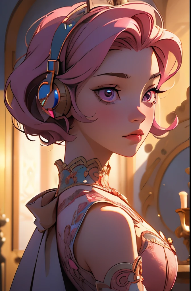 (best quality,masterpiece,ultra-detailed,masterpiece, extremely fine and beautiful,super fine illustration,)1girl, upper body,from below,look forward,pink short hair,pink eyes,happy,shiny lip,long dress, headphones