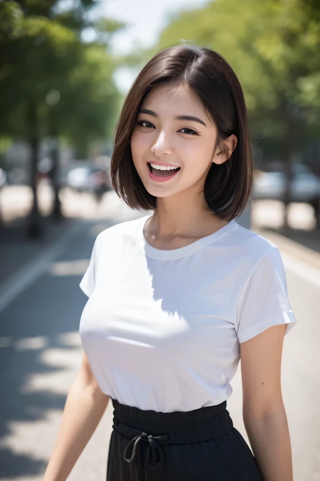 (detailed beautiful facial features, perfect face, perfect eyes, wet lips, short bob hair that reveals ears, Clear lines,highest quality, masterpiece, Vivid colours, ROMANTIC atmosphere,sunset、Canon Photo Crystal Clear ,（Realistically:1.2）, (Red Casual Mini Skirt Dress)、Action pose、goddess figure, perfect body anatomy, hands on hip, rather huge breasts hidden under a tight blouse, full body photo, cheeky & seductive smile、cowboy shot, head to thigh, Glamour body type、Medium Short Hair, ponytail、tunnel, bokeh, SFW)