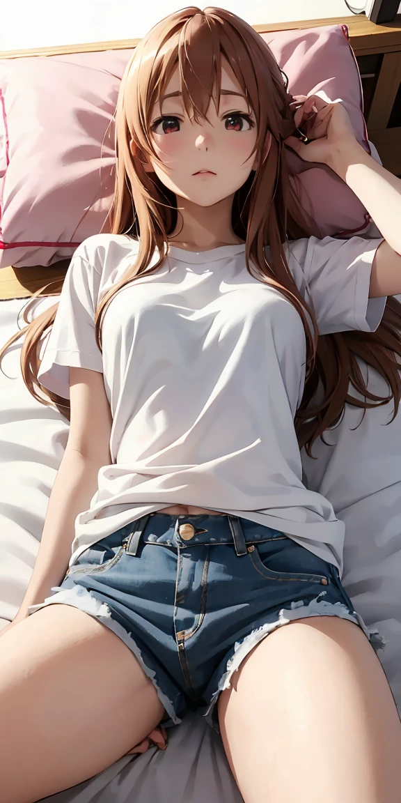 Yuuki Asuna、White shirt、Short denim pants、bedroom、Pink Panties、Sleeping、Leg spread、On the bed