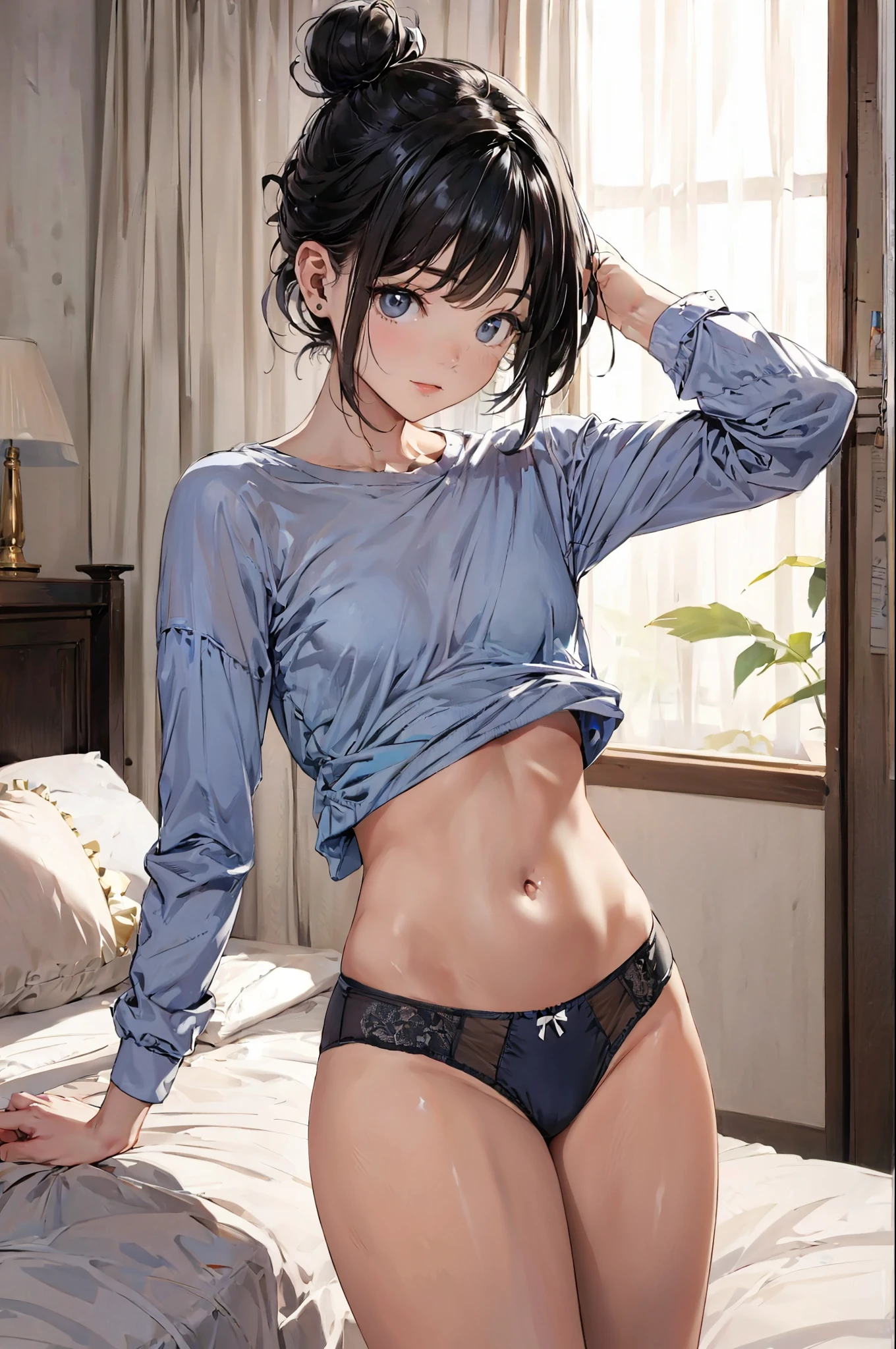 Bun Hair,underwear,Small breasts, Look at, Black Hair,cute,Short Hair,bed,