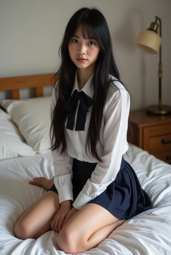 Browsing Caution,((Highest quality, 8k, Realistic, Sharp focus, High resolution, Portrait Photography, 35mm Film, RAW Photos, masterpiece:1.3)), One girl, Young Korean girl fucked by perfect penis, (Full Body Shot), Browsing Caution, Slender body, (Small breasts:1.4), expensive, K-Pop Idols, (throw, look at me:1.3), bangs, Lying in bed, Missionary position vagina, Spread your legs, school uniform, Young girl