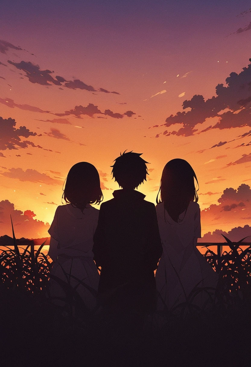 夕日の前に4人の人が立ってWatching the sunset。One man and three women,In the sunset、Watching the sunset。I see a silhouette in the field behind me。At sunset、Silhouette above the sunset、During the sunset、Watching the sunset。anime、Watching the sunset。美しいWatching the sunset。
