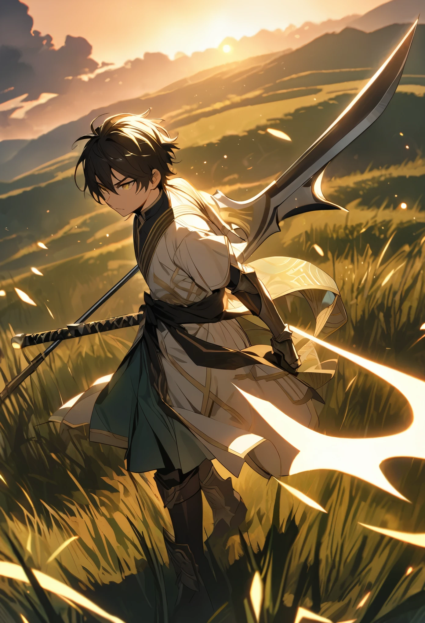 "Create a highly detailed, hand-drawn anime-style image of a young boy, around , with a slender but athletic build. He stands confidently wielding an extremely thin yet intricately designed alabarda (halberd). The weapon is nearly as tall as him, with a delicate blade that gleams in the light, contrasting its deceptively lightweight appearance. His expression is determined, eyes sharp and focused, as if he has mastered his weapon beyond his years.

His short hair is tousled and messy, adding to his youthful energy. He wears a simple tunic with light armor, adorned with subtle patterns of swirling clouds, symbolizing both his agility and grace. His outfit consists of green and gold tones, with the tunic reaching his knees and a black sash tied around his waist. His boots are practical, designed for quick movement, while his small gauntlets are engraved with intricate symbols of protection.

Around him, the scene is set in an open field at dusk, with long grass gently swaying in the wind. Golden light from the setting sun casts dramatic shadows, highlighting both the boy and his elegant halberd. Optionally, faint glowing particles of energy or mystical aura surround the weapon, hinting at its special power. The overall feel of the image should capture both the innocence of youth and the fierce determination of a skilled martial artist."